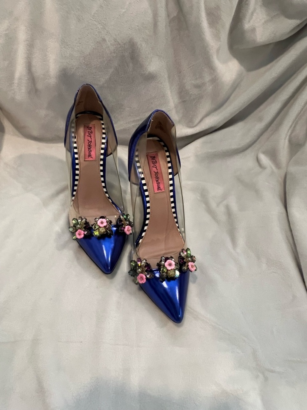 Betsey Johnson Metallic Blue Pointed Toe Heels with Floral Embellish